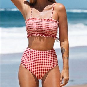Cupshe Red Gingham Smocked Bikini, Size M